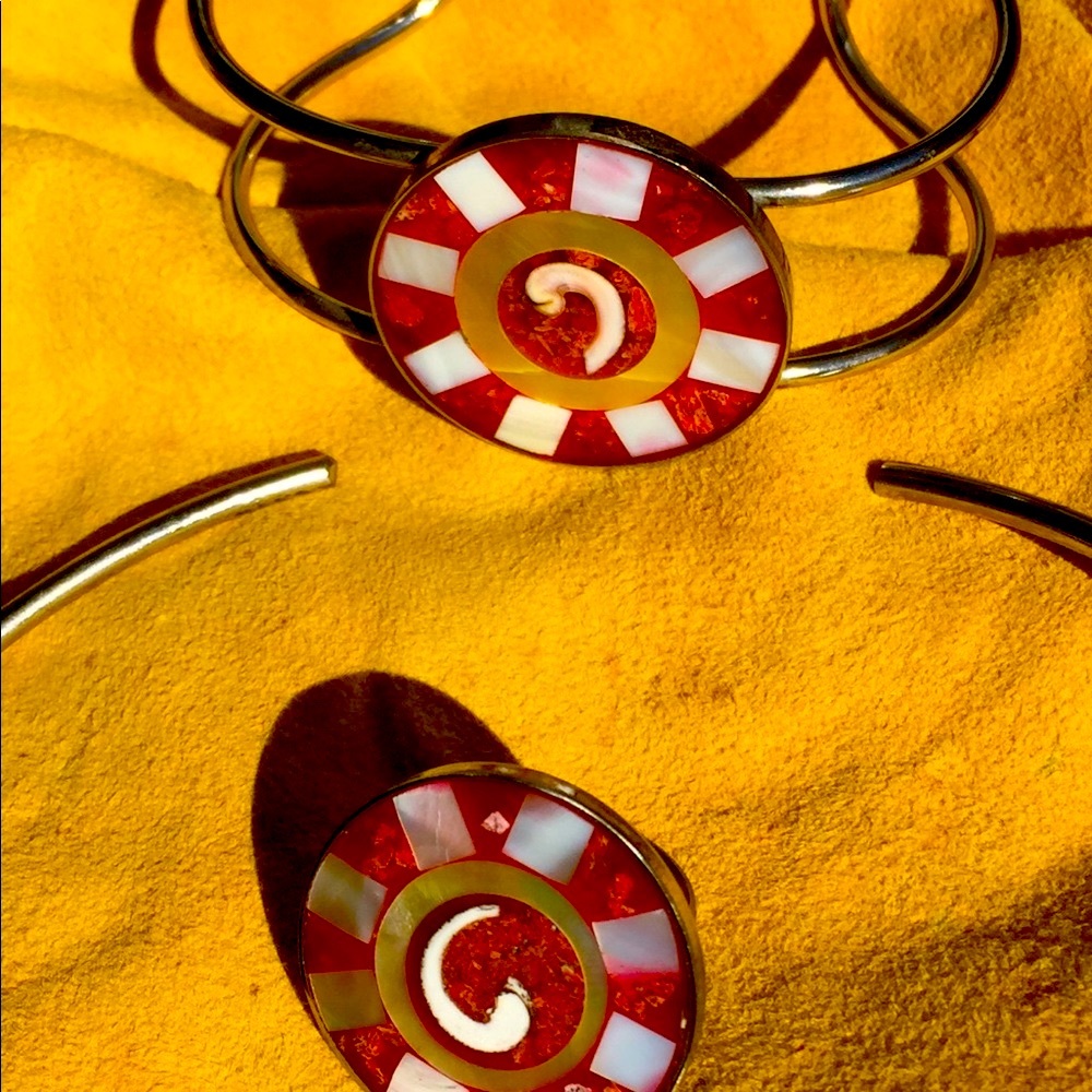 Necklace Ring Earrings Bracelet Set Abalone Red